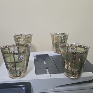 Culver Prado Green 22k Gold Lowball Rocks Whiskey Glasses Mid Century Barware X4
